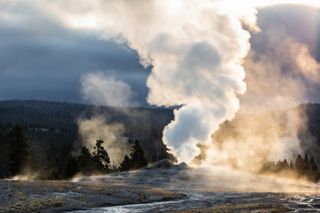 Old Faithful, Yellowstone exploding hot smoke before eruption in morning.