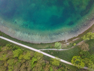 Lake Aerial view, Top view,amazing nature background.The color of the water with trees nearby.