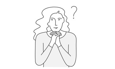 Thinking woman and question mark. Hand drawn vector illustration.