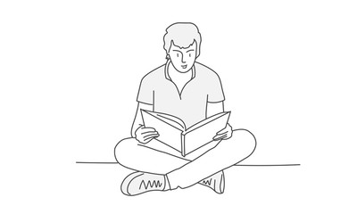 Man sits in lotus position and reads. Hand drawn vector illustration.