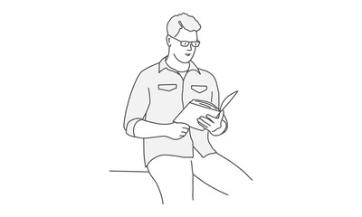 Man with glasses reads. Hand drawn vector illustration.