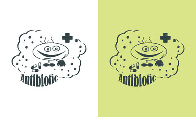 Cartoon antibiotic. Vector retro illustration in two variants.