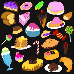 Hand draw of Sweet dessert and bakery on black background. Bread, Donut, cheese cake, ice cream, cake, sugar cane, Toffy, croissant, Lava cake, pie, waffle, pancake, cupcake.