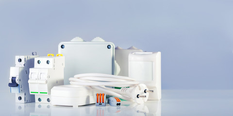 Electrical equipment with copy space. Various electric products on the store shelve.