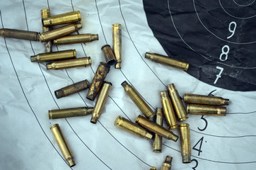 Ammo and target.Unformal shooting range near Kiev. Former Soviet military base. Kiev Region, Ukraine