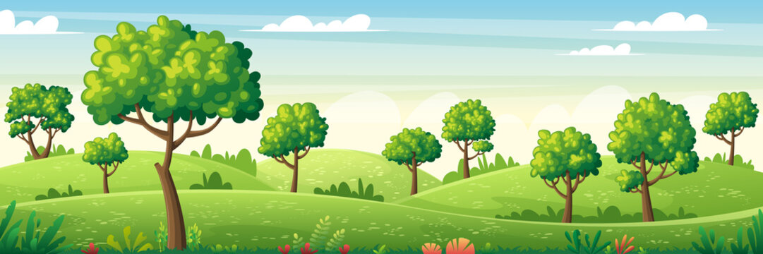 Panorama summer landscape with trees, flowers and meadows. Vector Illustrations with separate layers. Concept for banner, web background and templates.