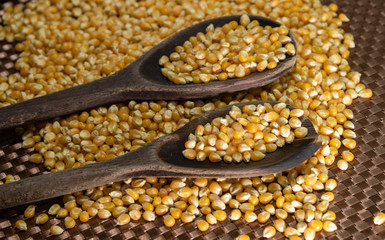 Popcorn corn grains on a kitchen table and household items