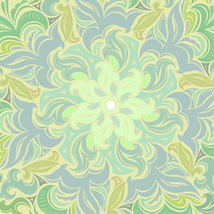 Fototapeta na wymiar Vintage decorative background with soft green spring mandala and plant. Decorative floral background. Damask, Baroque, Rococo, Victorian motif. Templates for card , sale, ad, banner, invitation, cover