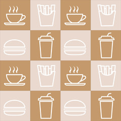 Illustration vector graphic of coffee, french fries, soft drink and burger patern. fit to place on packaging design, culinary event backdrop, food court wallpaper.