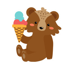Vector flat cartoon cute kawaii brown bear in summer vacation. Sitting with bright ice cream