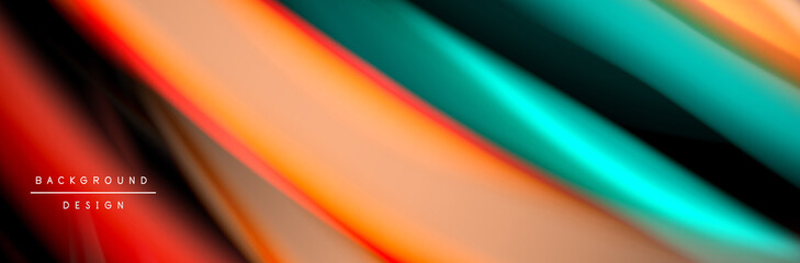 Silk and smooth flow wave poster design. Color waves, liquid style lines and shapes in black color background