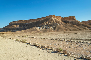 Fototapeta na wymiar a multilayered cliff and plateau in the tsin valley near sde boker israel with a jeep 4x4 track in the foreground and a clear blue sky in the background