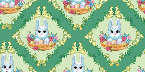 beautiful seamless Easter pattern with a rabbit in a basket