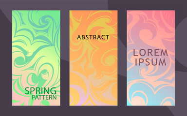 Set of decorative abstract background with floral, tribal elements in damask, Gothic, Baroque style, business card template, packaging, cover, plastic card. Spring delicate colors, vector illustration