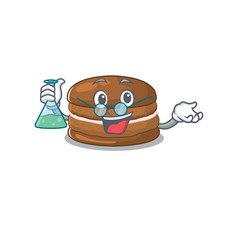Cool chocolate macaron Professor cartoon character with glass tube