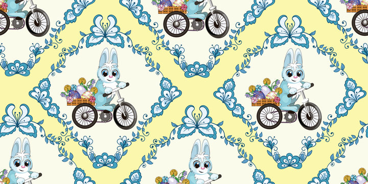 beautiful seamless Easter pattern with a rabbit on a Bicycle
