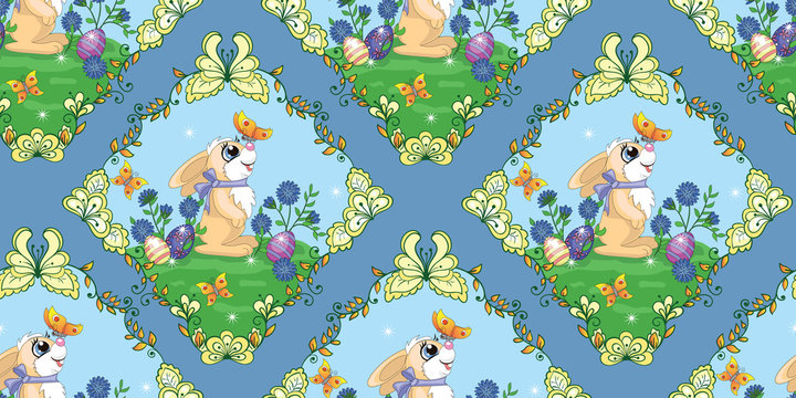 beautiful seamless Easter pattern with a rabbit on a flower meadow