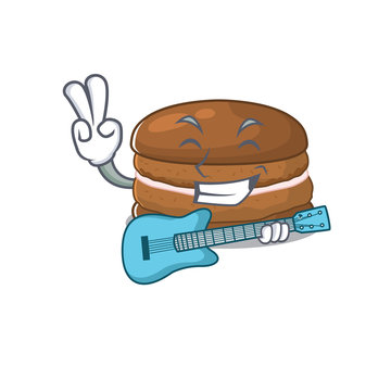 A picture of chocolate macaron playing a guitar