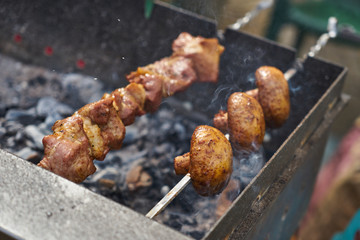 Cooking meat and mushrooms on the fire. Traditional street food.