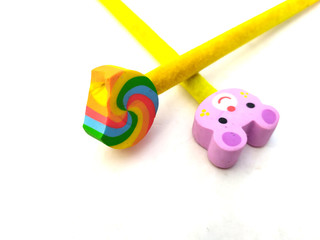 children yellow wooden toy pencil isolated on white background