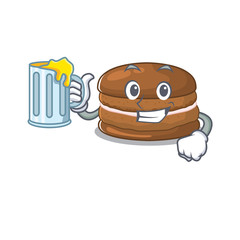 Smiley chocolate macaron mascot design with a big glass