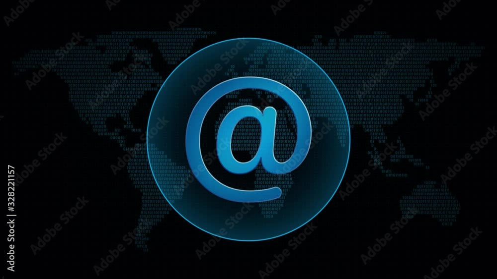 Poster at-sign icon in global map with waves. technology symbol in digital background. loop video animation
