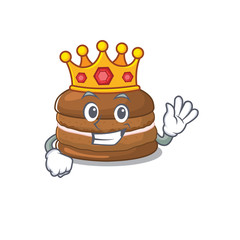 A cartoon mascot design of chocolate macaron performed as a King on the stage