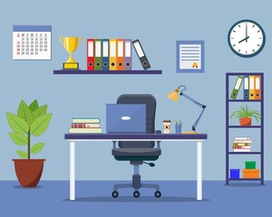 Office interior concept. Modern business workspace with office furniture chair, desk, bookcase, clock on the wall. vector illustration in flat design.