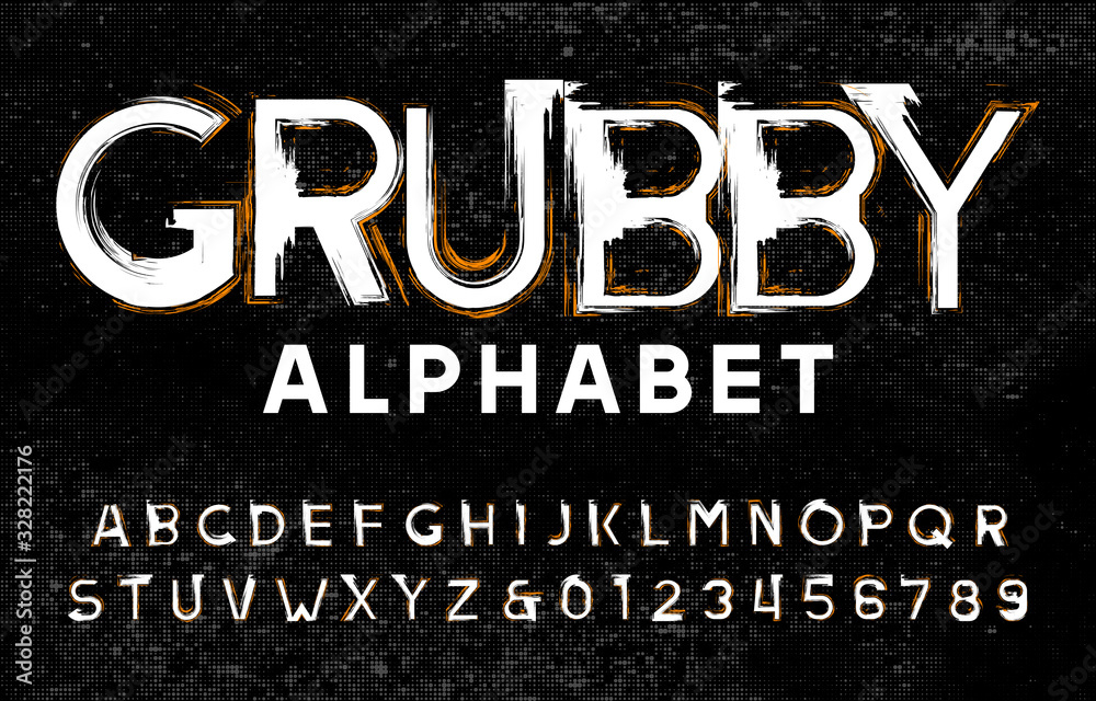 Fototapete grubby alphabet font. grunge uppercase letters and numbers. halftone background. vector typescript f