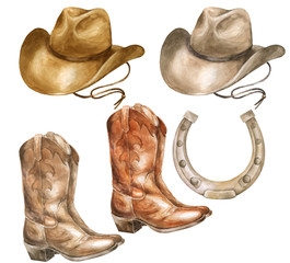  Watercolor illustration of a cowboy hat and leather boots.