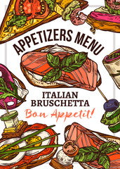 Obraz premium Hand drawn vector poster or design template for appetizers menu. Sketch food illustration with finger food and italian bruschetta