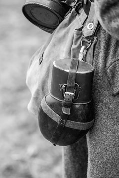 Drinking flask for water Germany Wehrmacht close-up black and white photography