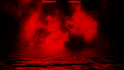 Fototapeta premium Projector red spotlight with reflection in water. Paranormal fog isolated on black background.