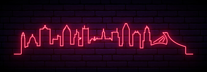 Red neon skyline of Montreal city. Bright Montreal long banner. Vector illustration.