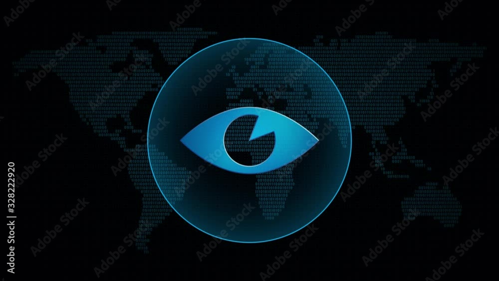 Poster eye icon in global map with waves. technology look symbol in digital background. loop video animatio
