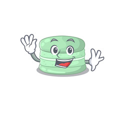 Waving friendly pistachio macaron mascot design style