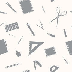 Stationery - Vector background (seamless pattern) of silhouettes pencil, pen, ruler, scissors, eraser, marker, paintbrush, glue for graphic design
