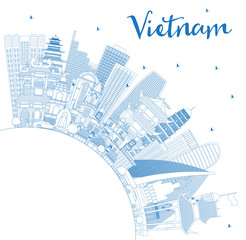 Outline Vietnam City Skyline with Blue Buildings and Copy Space.