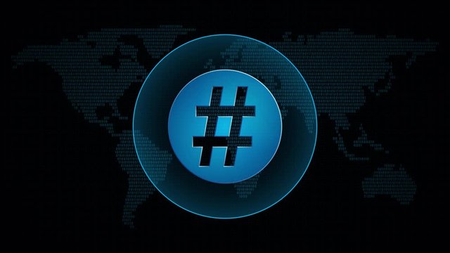 Hashtag icon in global map with waves. Technology keyword symbol in digital background. Loop video animation.	