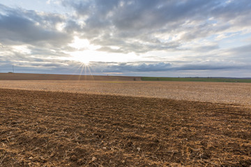 Rural farmland and grassland at countryside at dusk