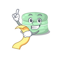 A funny cartoon character of pistachio macaron holding a menu