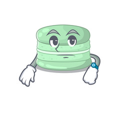 cartoon character design of pistachio macaron on a waiting gesture