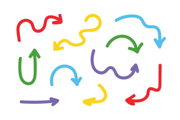 Set, collection of thick colorful cartoon style vector arrows.