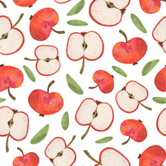 Watercolor seamless pattern with red whole and cut apples. Fruit background for menu, fabric, wallpaper, prints, cards, invitation, crafts, decoration kitchen.