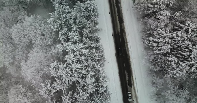 Aerial overhead view on snowy road and forest