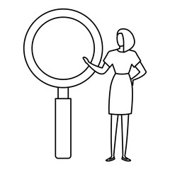 business woman with magnifying glass isolated icon
