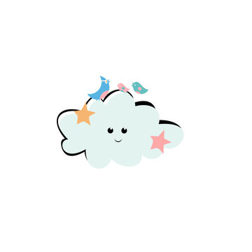 clouds with birds. Emblem design on white background.