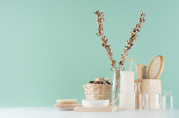Traditional bathroom interior with beige accessories for bath - brush, comb, towel, bath sponge,...