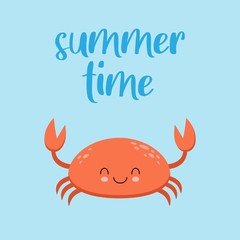 Cute crab illustration vector. Summer time card