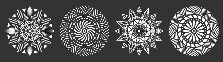 Set of four abstract circular ornaments, floral ornament patterns, striped frames. Decorative patterns isolated on black background. Design elements. Vector monochrome illustration.